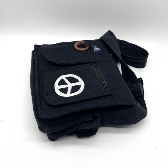 Lukla Black Messenger Bag with Peace Sign Embroidery - Picture 14 of 14